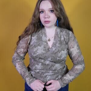 Y2k Axcess Brown and Tan Long Sleeve V-Neck Top, L